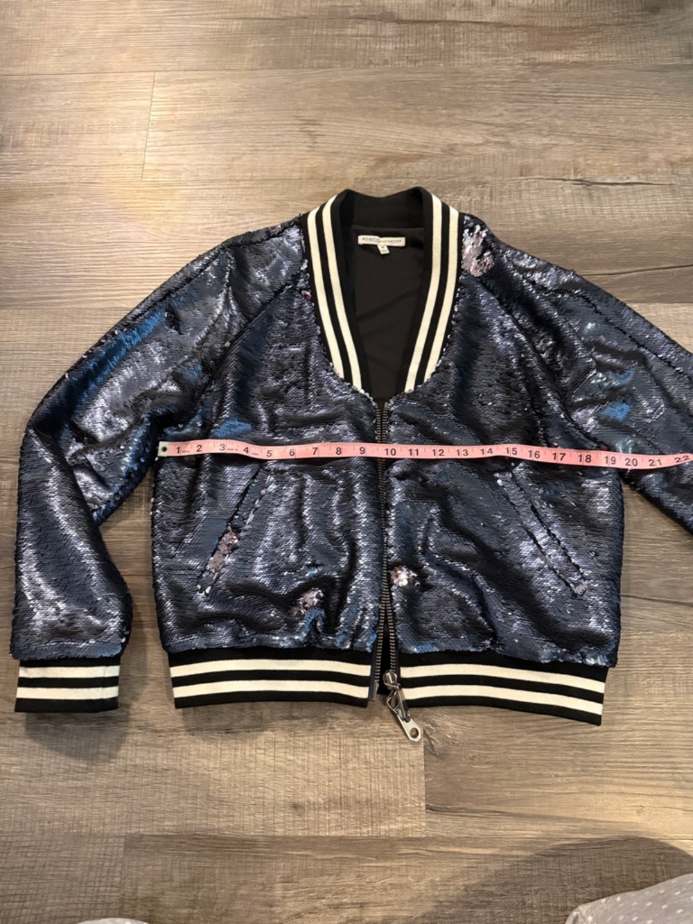 Rebecca Minkoff Navy Sequin Varsity Jacket with Black & White Trim